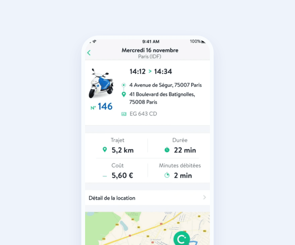 Écran de détail d’un trajet dans l’application Cityscoot