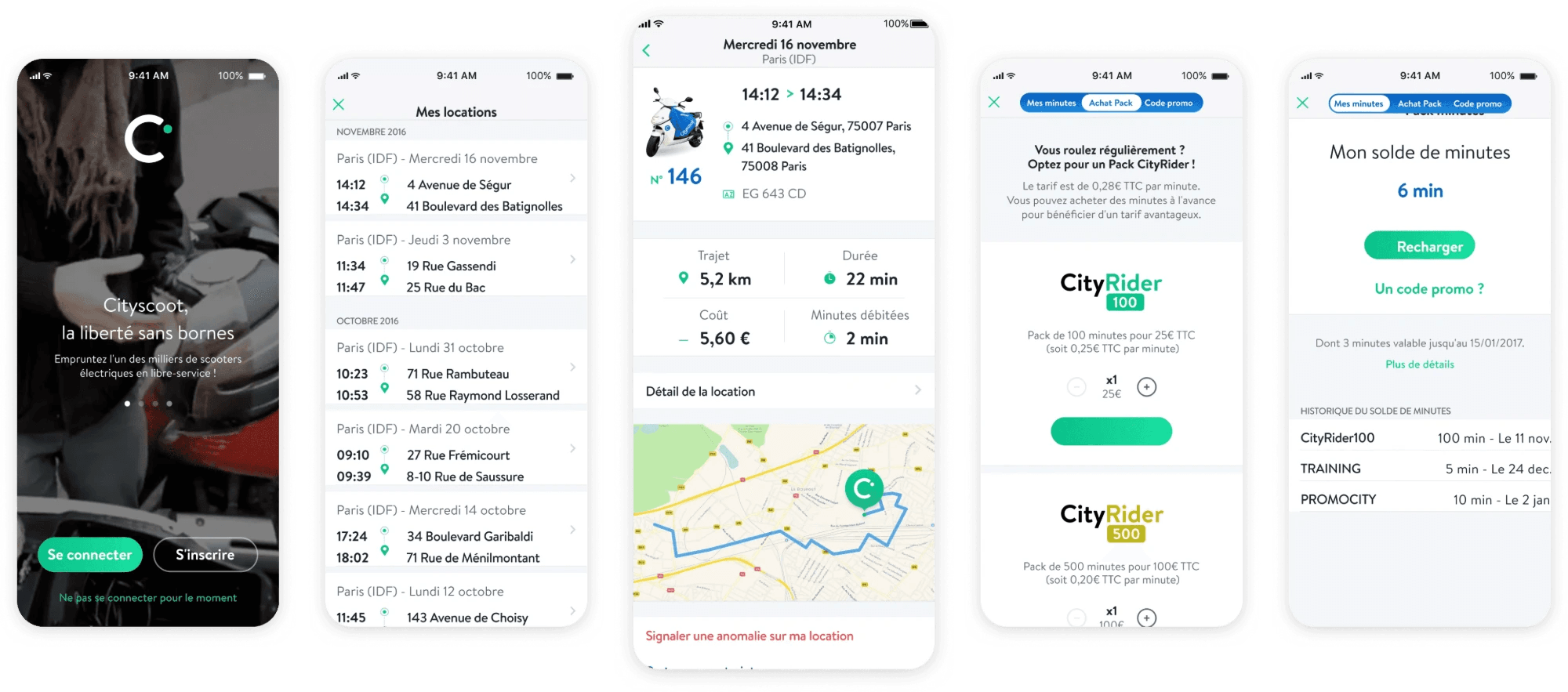 Écrans de l’application Cityscoot : accueil, historique des locations, détail d’un trajet, packs de minutes, solde
