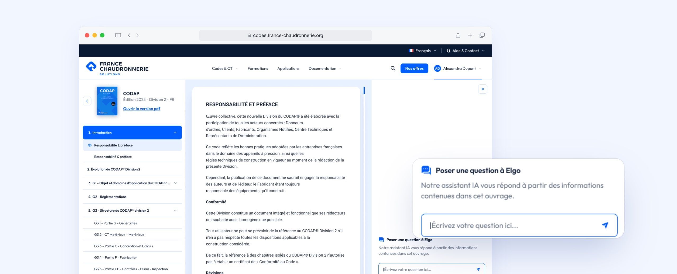 Consultation du CODAP avec l'assistant IA Elgo pour poser des questions sur l'ouvrage