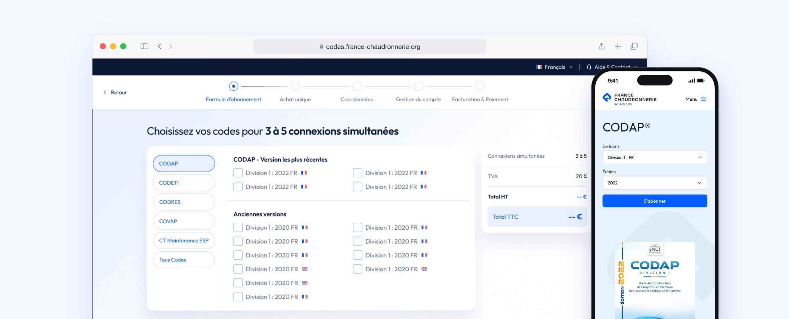 Tunnel d'abonnement : choix des codes sur ordinateur et page CODAP sur mobile