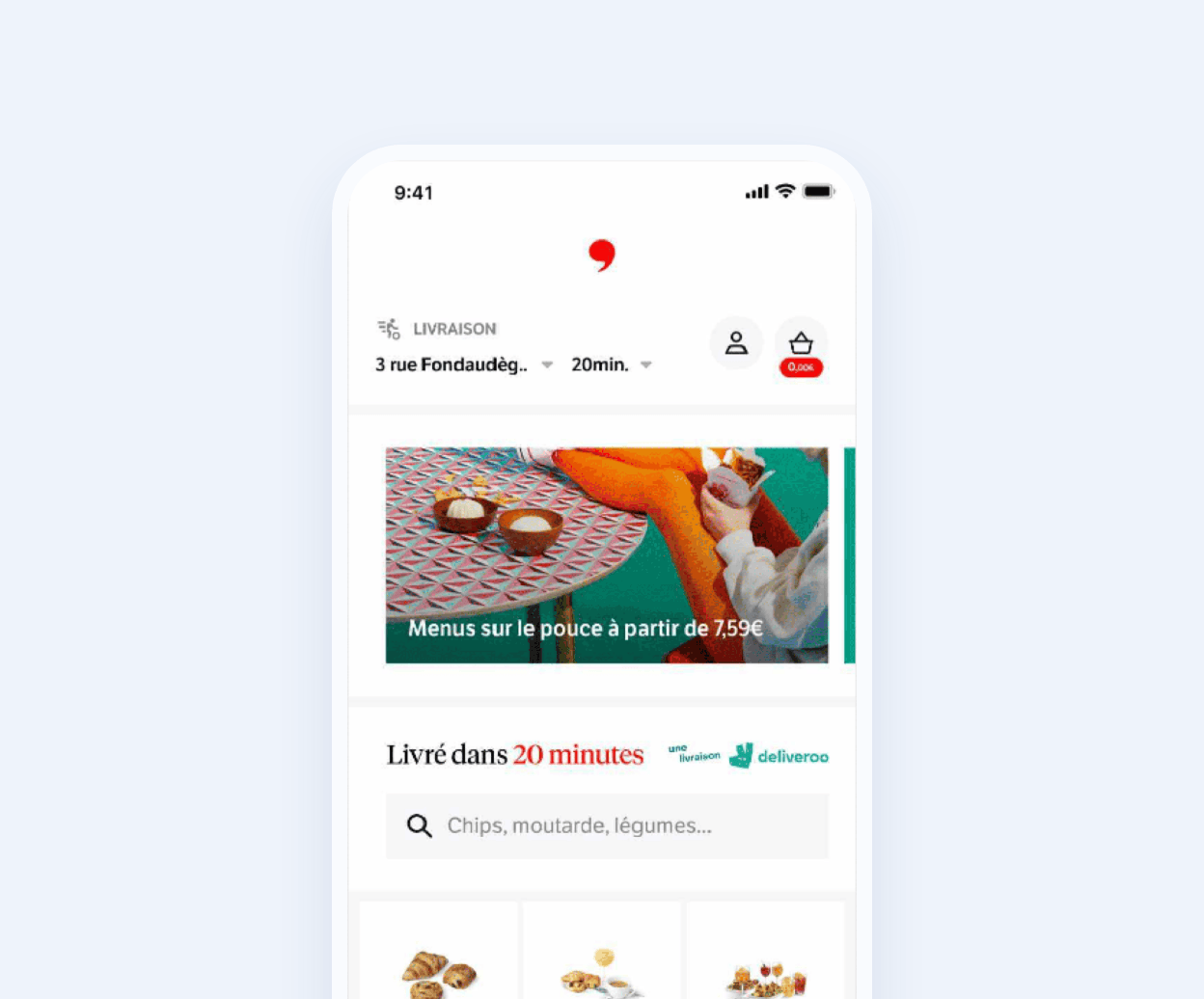 Écran d’accueil de l’application Monop’Hop : livré dans 20 minutes
