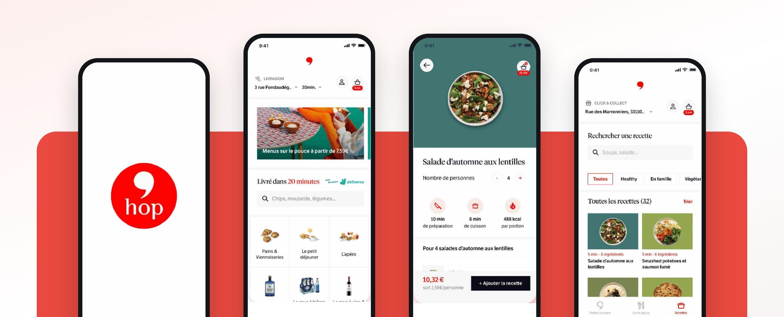 Écrans de l’application Monop’Hop : accueil, livraison en 20 minutes, recette, liste des recettes