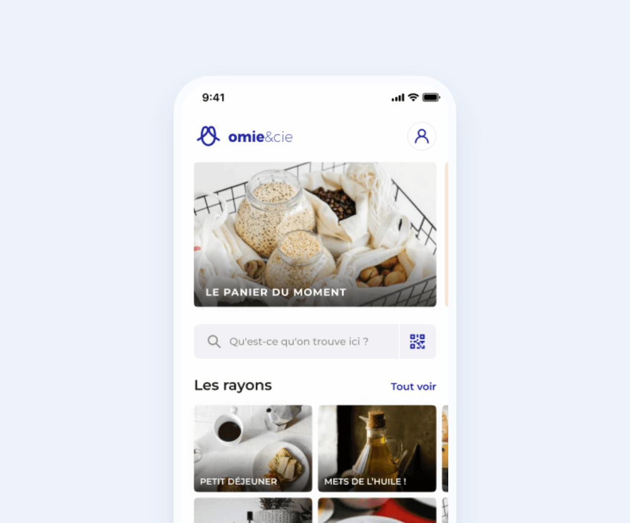 Écran d’accueil de l’application Omie