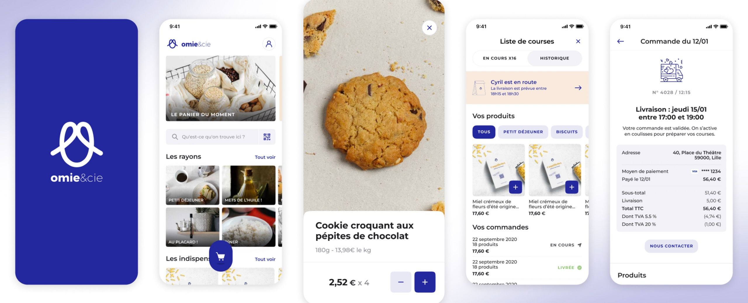 Écrans de l’application e-commerce Omie : accueil, rayons, fiche produit, liste de courses, suivi de commande